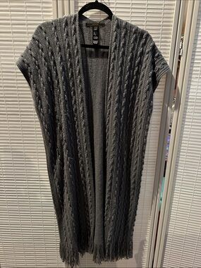 Cable Knit Open Front Fringe Cardigan - Gray
